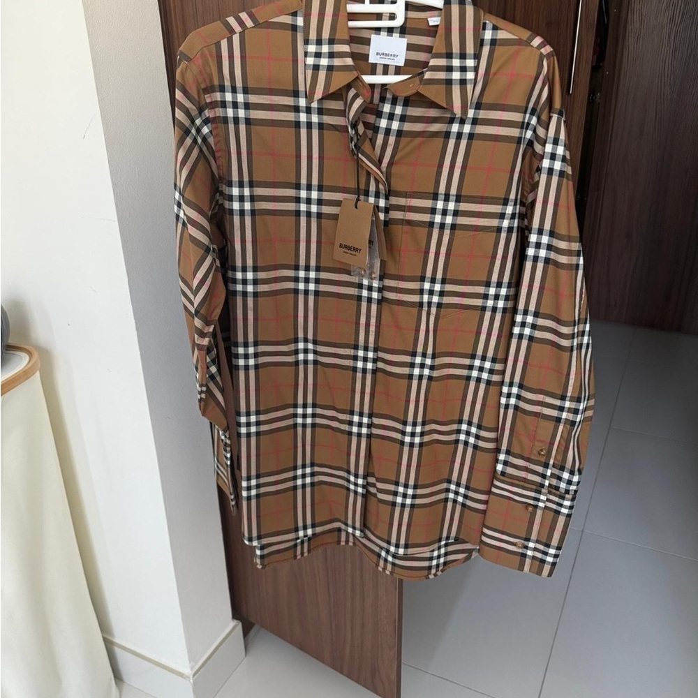 NEVER WORN Burberry Brown Casual Button Down Shirt with Iconic Check Pattern